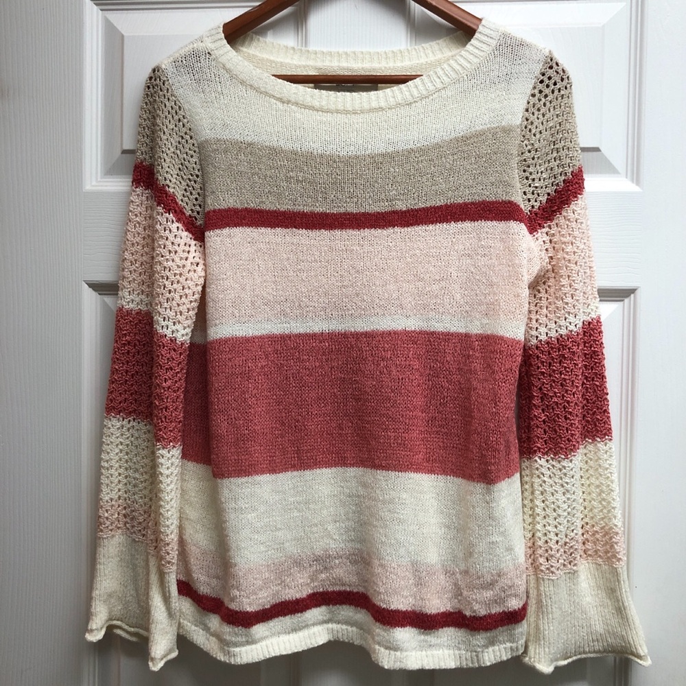 Open-Knit Crewneck Sweater in Cream with Rose Stripes